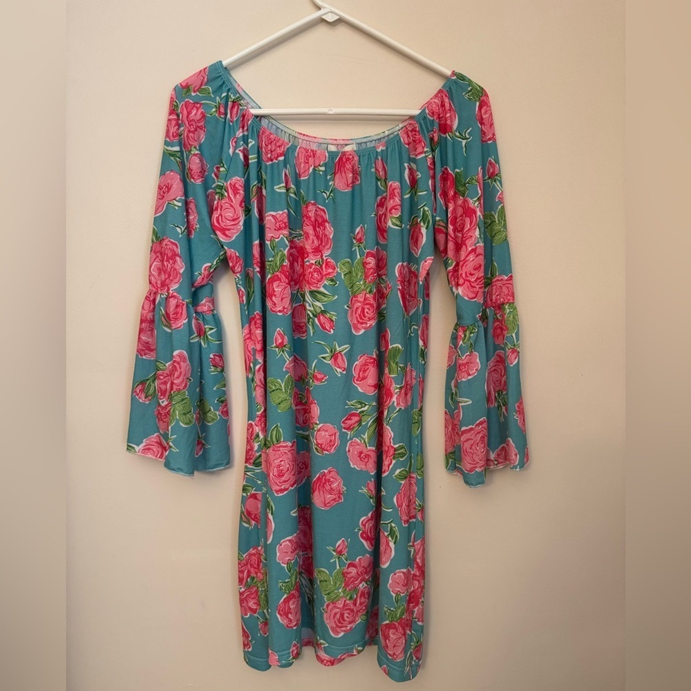 Simply Southern Floral Off Shoulder Bell Sleeve Dress Teal Pink Size Medium NWT